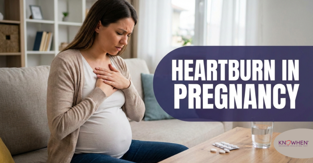 A pregnant woman sitting on a sofa holding her chest in discomfort, next to a banner that reads "HEARTBURN IN PREGNANCY" with antacid tablets and water on a table.